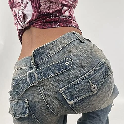 Vista 4 de KMBANGI Y2K Streetwear - Pantalones de mezclilla de cintura alta para mujer con pierna ancha rectos casuales holgados Y2K diseño urbano