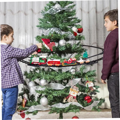 Vista 6 de Juego de tren de árbol de Navidad con luz y sonido colgante de tren de Navidad con locomotora trineo de carro y pistas para niños árbol de regalos .