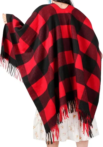 Vista 4 de Woven Knit Buffalo Plaid Poncho Blanket Sweater Poncho Ruana Wrap Shawl Warm for Women