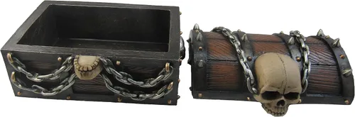 Vista 4 de DWK Cofre del tesoro del terror con calaveras y cadenas, caja de baratijas de cofre de pirata de 6 pulgadas.