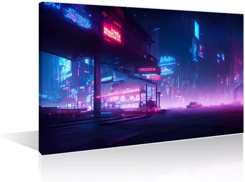 Vista 9 de 1 panel de cuadros de la ciudad de Cyberpunk, arte de pared, representación de vallas publicitarias, edificios modernos en la capital con obras