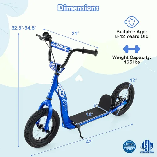 Vista 6 de GYMAX Patinete, Patinete de Empuje para Adultos, Adolescentes, Niños con Manubrio Ajustable, Ruedas Inflables de 12 Pulgadas, Freno de Pinza
