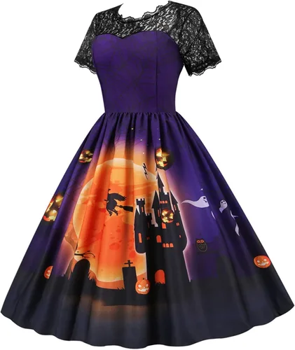 Vista 2 de Vestido de Halloween para mujer 2022 estampado casual cuello en V con cremallera manga corta panel de encaje