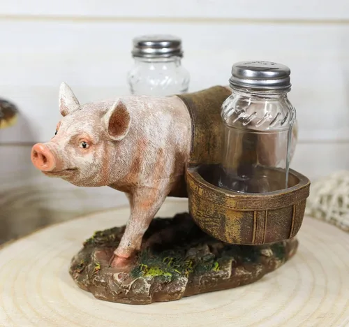 Vista 9 de Ebros Gift Animal Farm Barn Cerdo Porky con alforjas Sal Pimienta Titular Estatuilla Cerdo Cerdo Caprichoso Cerdo Tocino Piglet Estatua Organizador
