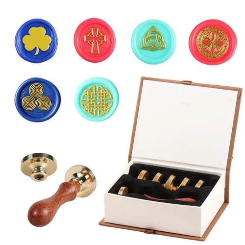 Vista 14 de Juego de 6 piezas de sello de cera de madera con cabeza de latón extraíble + 2 asas de madera + caja de cofre del tesoro de madera y cuero