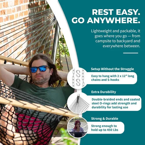 Vista 6 de Bliss Hammocks BH-410BK Hamaca clásica de cuerda con barra esparcidora Negro