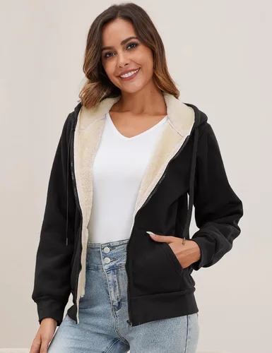 Vista 3 de Gihuo Sudadera con capucha con forro de sherpa para mujer, con cremallera, cálida y cómoda chaqueta de forro polar con capucha