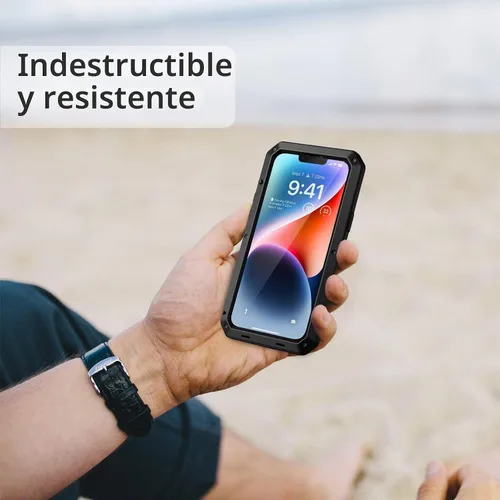 Vista 7 de Lanhiem Funda de metal para iPhone 14, resistente a los golpes, con protector de pantalla de vidrio integrado, 360º cuerpo completo a prueba de Negro