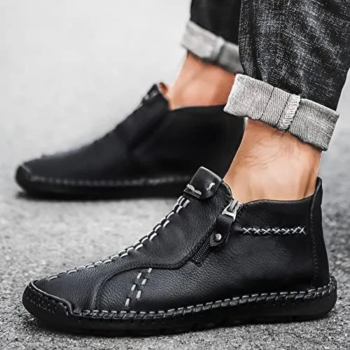 Vista 4 de Govicta Zapatos casuales de cuero para hombre, botas chukka al tobillo, mocasines de media parte superior, zapatos renacentistas, botas piratas