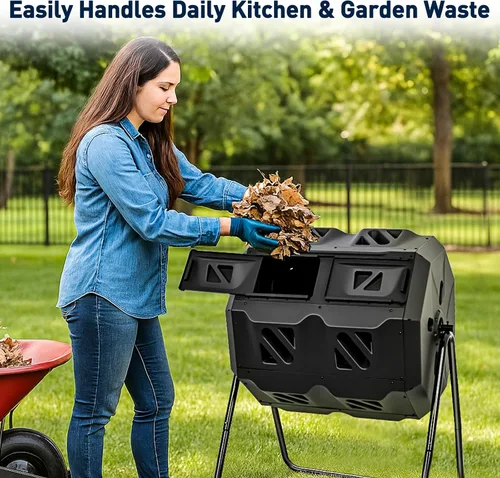Vista 6 de Yesker Contenedor de compostaje de doble cámara para exteriores, compostador giratorio de 43 galones con puertas correderas, montaje rápido