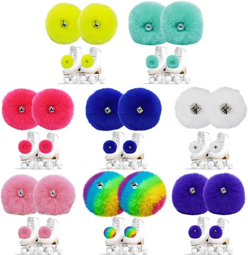 Vista 2 de HOMU 2 pompones de patín con pompones de piel sintética para niñas y mujeres, con cascabeles y rodillos, con pompones y pompones de piel sintética