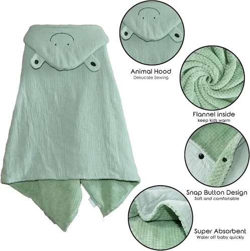Vista 2 de Toalla de baño con capucha ultrasuave con forro de franela para bebé y niño, toallas absorbentes cálidas de 55 x 25 pulgadas (diseño de rana)