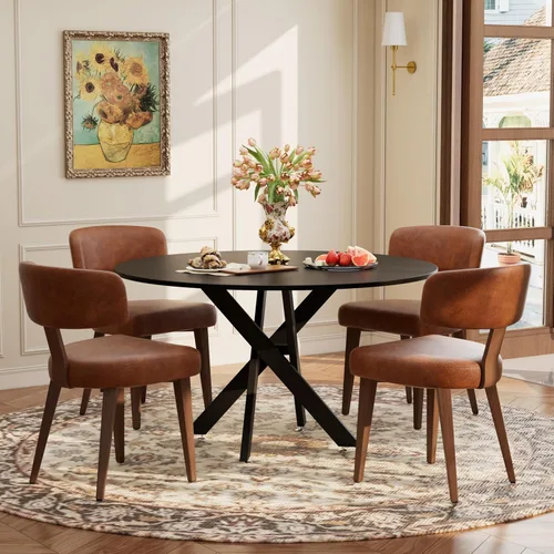 Vista 23 de Juego de mesa de comedor de madera para 2, mesa de cocina redonda de 36 pulgadas con 2 sillas de comedor Boucle, mesa de MDF con patas de metal