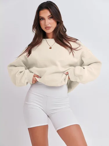 Vista 3 de ANRABESS - Sudaderas de vellón de mujer, cuello redondo, de gran tamaño, bonitas, para otoño e invierno, para estudiantes de preparatoria, jóvenes