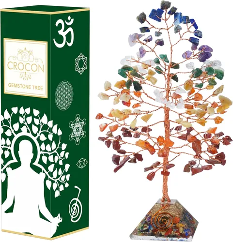 Vista 15 de Árbol de la vida de chakras de aventurina amarilla, árbol de cristal para energía positiva, decoración de Feng Shui, árbol de piedras preciosas