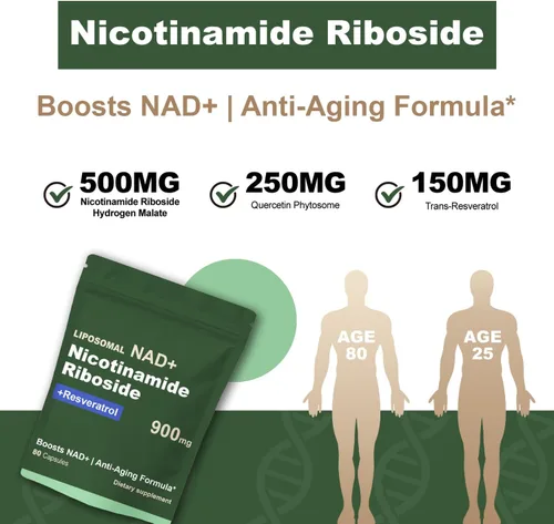 Vista 6 de Suplemento de resveratrol NAD con NAD nicotinamida ribósido resveratrol 900 mg, Boost NAD+ para la salud celular, antienvejecimiento, energía
