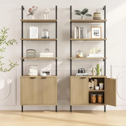 Vista 9 de Estantería de escalera con gabinete, estantería de pared de 71 pulgadas de alto con estantes y almacenamiento, estante de escalera estriado