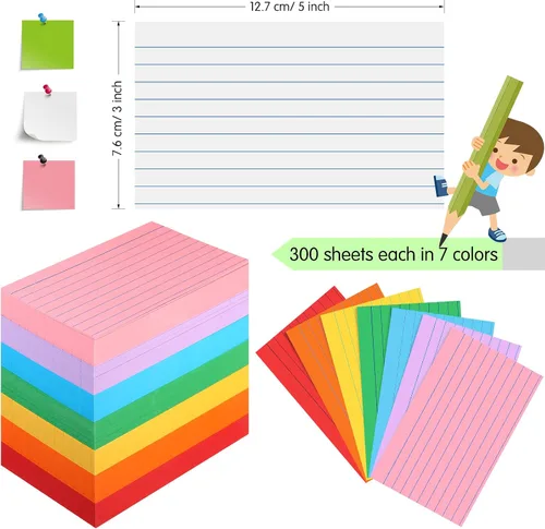 Vista 2 de Fainne 2100 tarjetas de índice de colores, tarjetas de notas a rayas de neón a granel con líneas para estudiar bloc de notas arcoíris para estudiar
