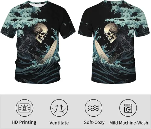 Vista 4 de Srcnhim Camisetas de manga corta para hombre con estampado 3D de calavera y olas geniales