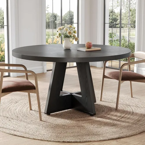 Vista 2 de LITTLE TREE Mesa de comedor redonda para 4-6 personas, mesa de comedor de 47 pulgadas con base de pedestal de madera, mesas de comedor negras, mesas