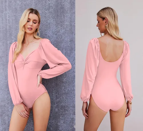 Vista 2 de Zeagoo Enterizo sexy con cuello en V cuadrado para mujer manga larga abombada nudo frontal Blanco