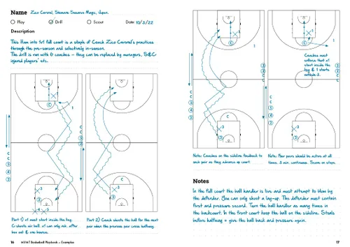 Vista 6 de Basketball Playbook by MVMT Sports. 380 court diagrams in a 5.82 x 8.26 inches planner for basketball coaches. Capture plays, drills and scouts.