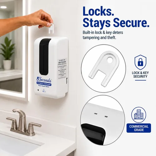 Vista 6 de 5Seconds Automatic Foam Soap Dispenser, Touchless Wall Mount, Infrared Sensor, Lockable, Battery Powered, Commercial Grade