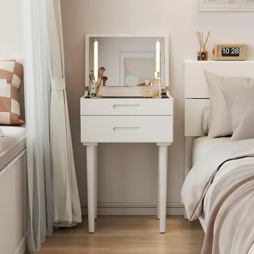 Vista 13 de Muwuele Escritorio pequeño de madera maciza con espejo y luces, tocador de maquillaje estrecho para espacios pequeños, mesa auxiliar de tocador