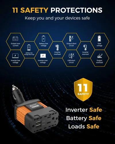 Vista 2 de Inversor de corriente para automóviles, de la marca Ampeak, de 12 V CC a 110 V CA, con puerto USB Pico de sobretensión de 200 W, 1 toma de CA, USB