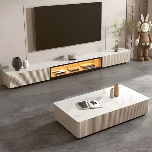 Vista 2 de LAKIQ Moderno soporte de TV de piedra con cajones de almacenamiento, consolas multimedia, sala de estar, centro de entretenimiento de pie con Champán