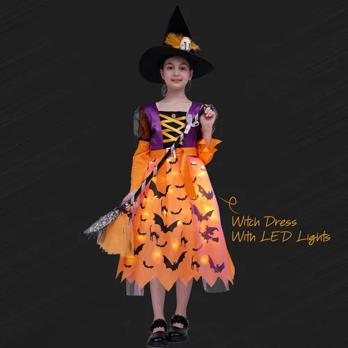 Vista 6 de DNQCOS Disfraz de bruja iluminada para niñas, disfraz de bruja de Halloween con escoba y sombrero de bruja