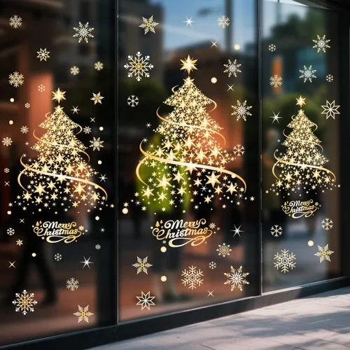 Vista 4 de Decoraciones de Navidad para ventana, árbol de Navidad dorado, copos de nieve, calcomanías de doble cara, decoración de ventana, pared, puerta