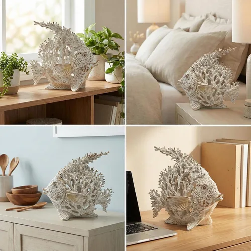 Vista 8 de Estatua de pez ángel de arrecife de coral blanco, decoración costera de playa, figura náutica del océano para baño, hogar, oficina, estante de mesa