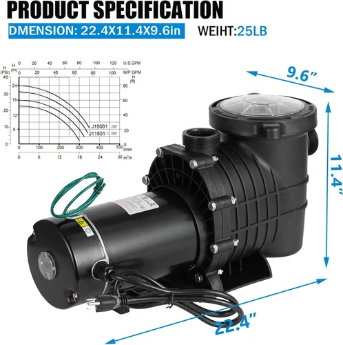 Vista 7 de TOPDEEP Bomba de piscina de 1.5 HP para enterrar, bomba de piscina autorecortable sobre el suelo, bombas de piscina de una sola velocidad de doble