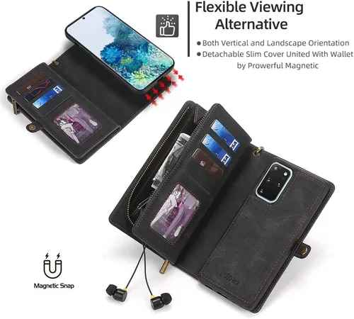Vista 4 de Asuwish Funda de teléfono para Samsung Galaxy S20 Plus/S20+ 5G con cremallera, funda desmontable con protector de pantalla y tarjetero abatible
