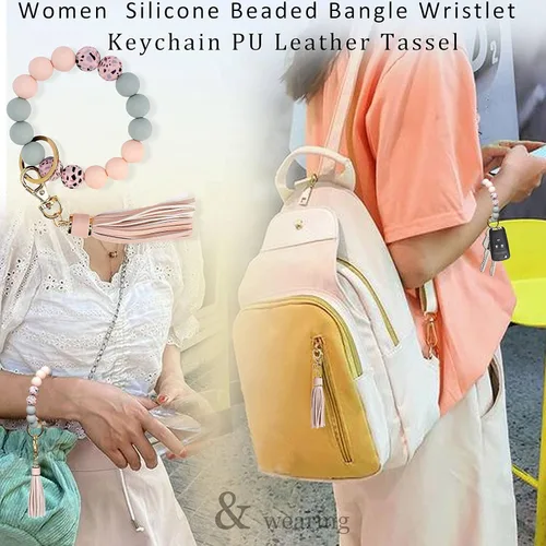 Vista 6 de BIHRTC Llavero con pulsera de silicona Llavero con brazalete de cuentas de silicona llavero con borla de cuero para mujeres niñas