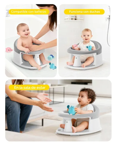 Vista 7 de Asiento de baño para bebés de 6 meses en adelante, asientos de baño para bebés sentados, 3 juguetes de baño para bebés, diseño abierto