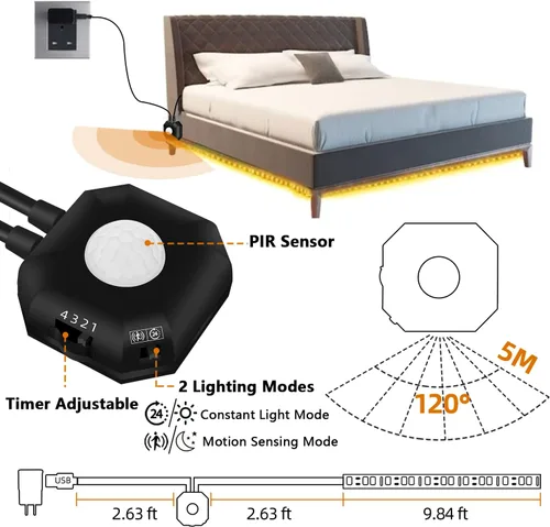 Vista 3 de Tira de luces LED activadas por movimiento, de 9.84 pies, color blanco cálido, no impermeable, alimentado por USB, con sensor de movimiento