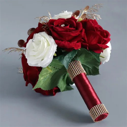 Vista 3 de Ramos de Boda para Novia y Dama de Honor, Ramo de Rosas Artificiales en Vino Rojo y Blanco para Decoración de la Iglesia y el Hogar