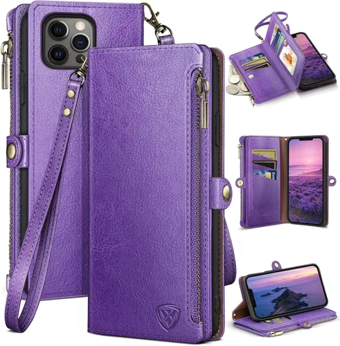 Vista 11 de XcaseBar Funda tipo cartera compatible con iPhone 13 Pro de 6.1 pulgadas con cremallera y tarjetero de crédito con bloqueo RFID, funda de piel
