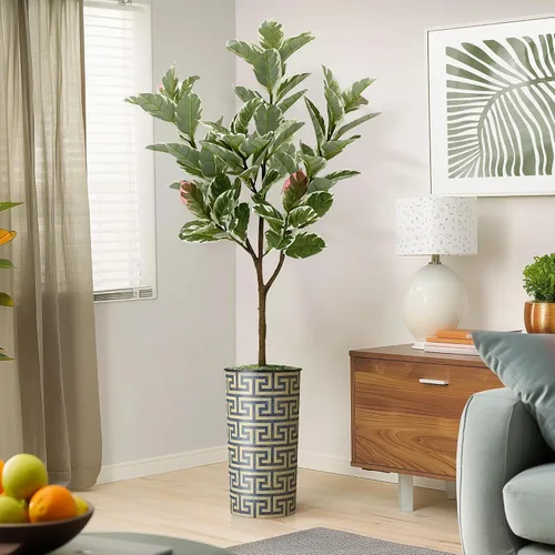 Vista 14 de Árbol artificial en macetero con patrón geométrico moderno, palmera tropical areca artificial de seda para decoración del hogar en interiores