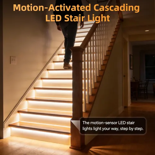 Vista 4 de Luces LED para escalones debajo de la escalera, sensor de movimiento, kit de iluminación de escalera en cascada activada con tira LED COB cortable