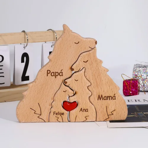 Vista 12 de Rompecabezas personalizado con nombre de la familia, rompecabezas de oso de madera, rompecabezas de madera personalizable de roble decorativo