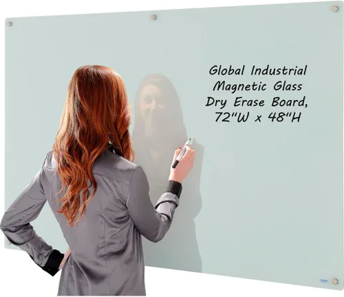 Vista 3 de Global Industrial Pizarra blanca magnética de vidrio de 36 pulgadas de ancho x 24 pulgadas de alto, sin marco, color blanco, incluye borrador y paño
