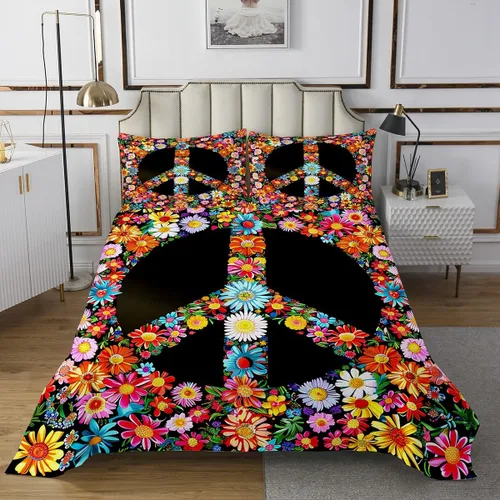 Vista 2 de Juego de colcha con signo de la paz tamaño King, flores coloridas acolchadas para niños, adolescentes y adultos, juego de colcha floral pastoral