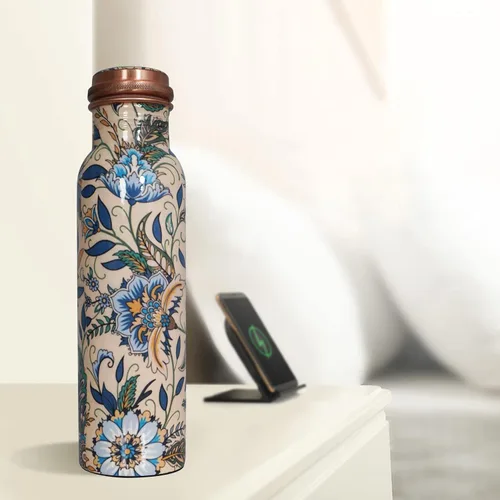 Vista 6 de Botella de agua de cobre de 34 onzas, botella de agua grande de cobre para beber, recipiente multicolor ayurvédico 100% puro para botella de tapa a