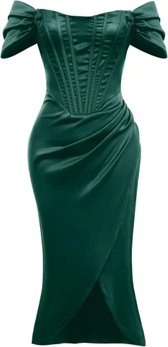 Vista 3 de Vestido de satén con hombros descubiertos para mujer, sin tirantes, espalda descubierta, abertura alta, entallado, fruncido, vestido de fiesta