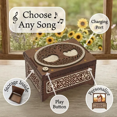 Vista 4 de Celtic Tree of Life - Caja de música MP3 personalizada, reproduce cualquier canción, impresión de fotos personalizada y texto