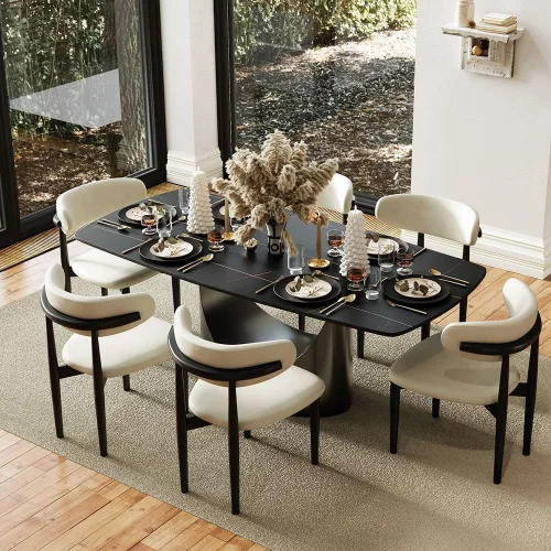 Vista 14 de POVISON Juego de mesa de comedor para 4, mesa rectangular negra de piedra sinterizada mate de 63 pulgadas con base de acero al carbono bronce, silla