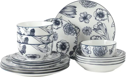 Vista 21 de Gibson Home Hazeltine - Juego de vajilla de cerámica de piedra azul marino de 16 piezas, platos y cuencos, juego de cocina de cerámica duradera Azul
